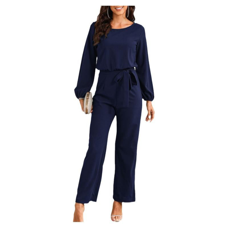 Women's Tailored Long Sleeve Lace-Up Pullover Jumpsuit