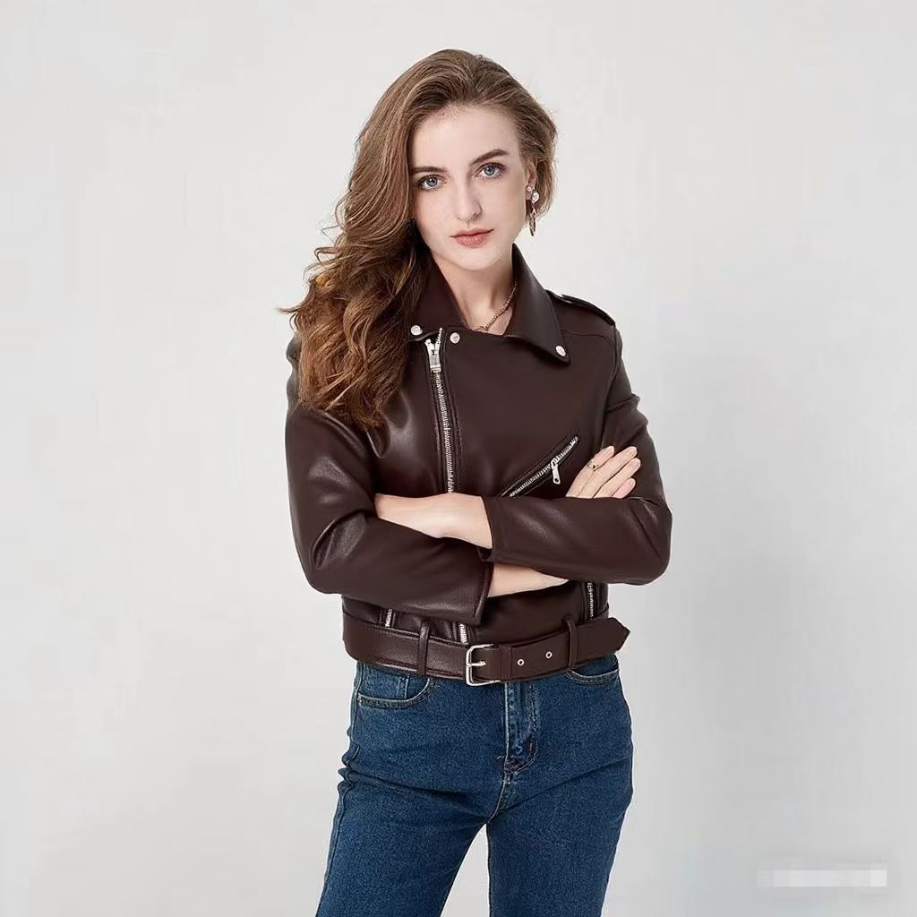 Women's Fashion Zipper Slim Fit Washed Motorcycle Jacket