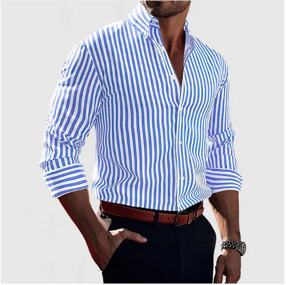 Men's Striped Long Sleeve Lapel Shirt