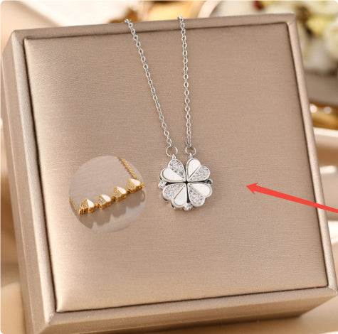 Four Leaf Clover Heart Necklace - Stainless Steel Crystal Pendant
