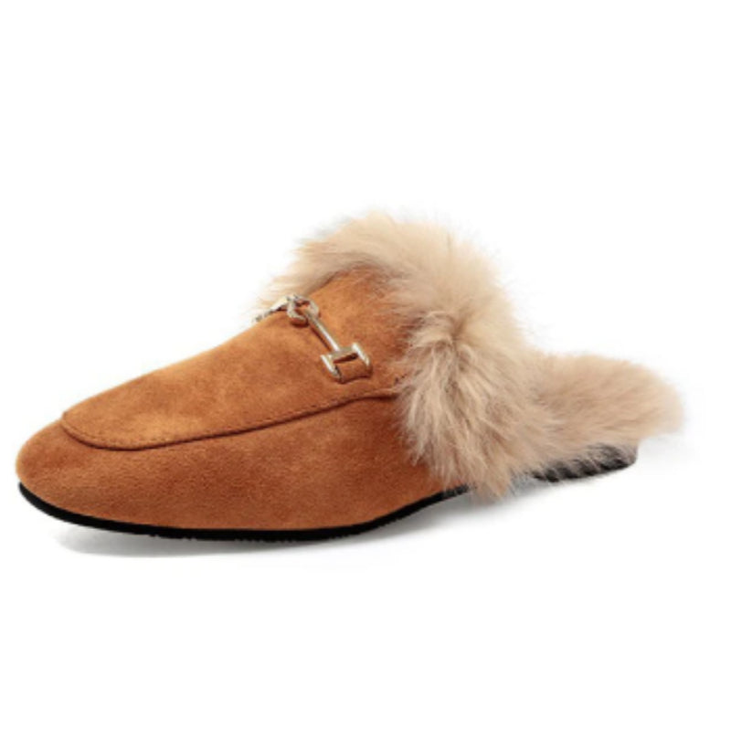Women's Suede & Velvet Flat-Bottom Slippers - Cozy Fur Lined Comfort Shoes