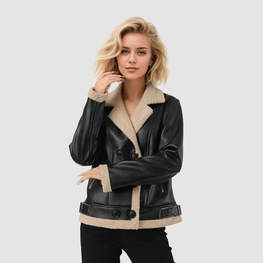Fleece Padded Women's Leather Coat Black