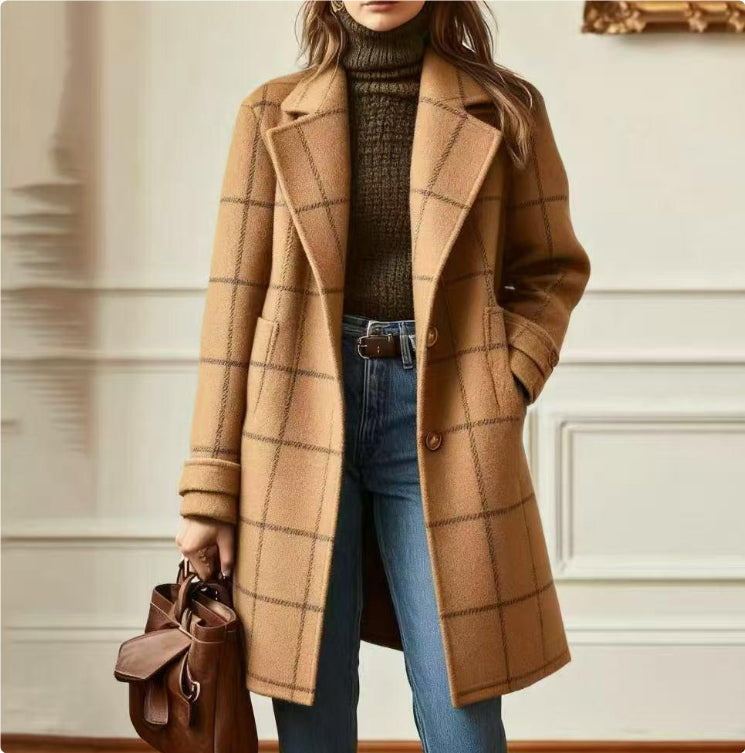 Women's Plaid Mid-Length Lapel Jacket - Plus Size