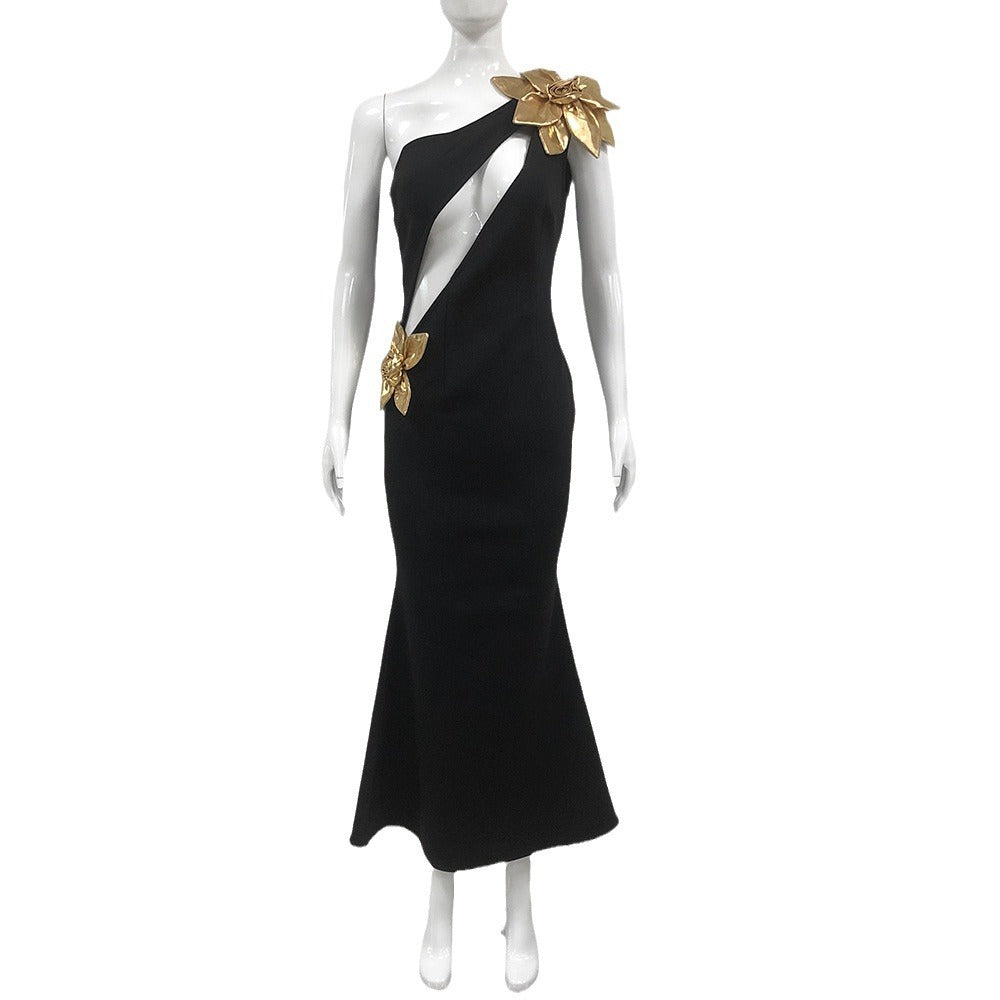 Slim-Fit Golden Floral Bodycon Dress – Black