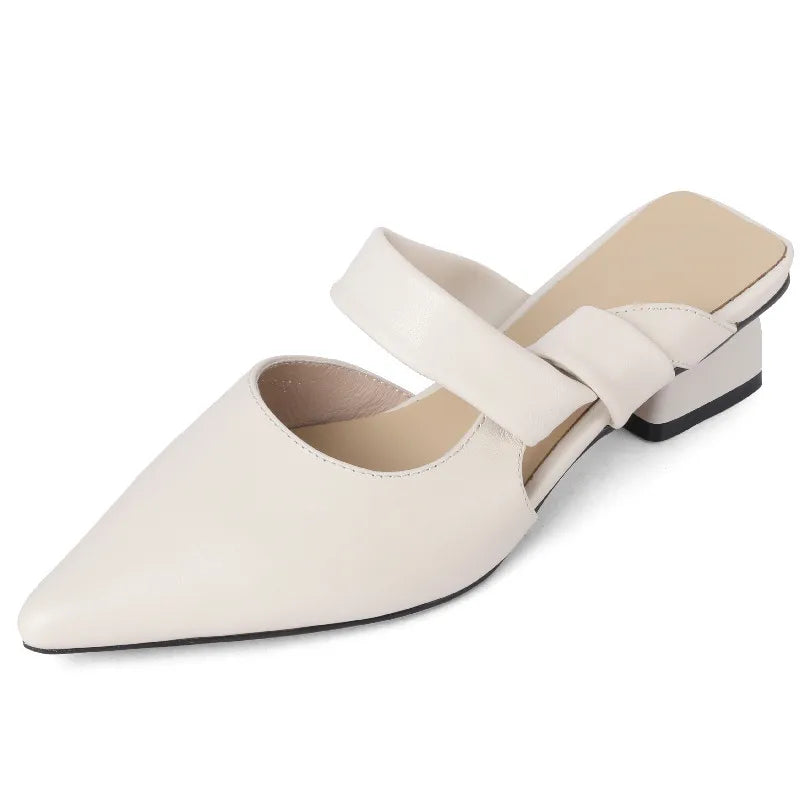 Women Genuine Leather Pointed Toe Thick Heels Sandals