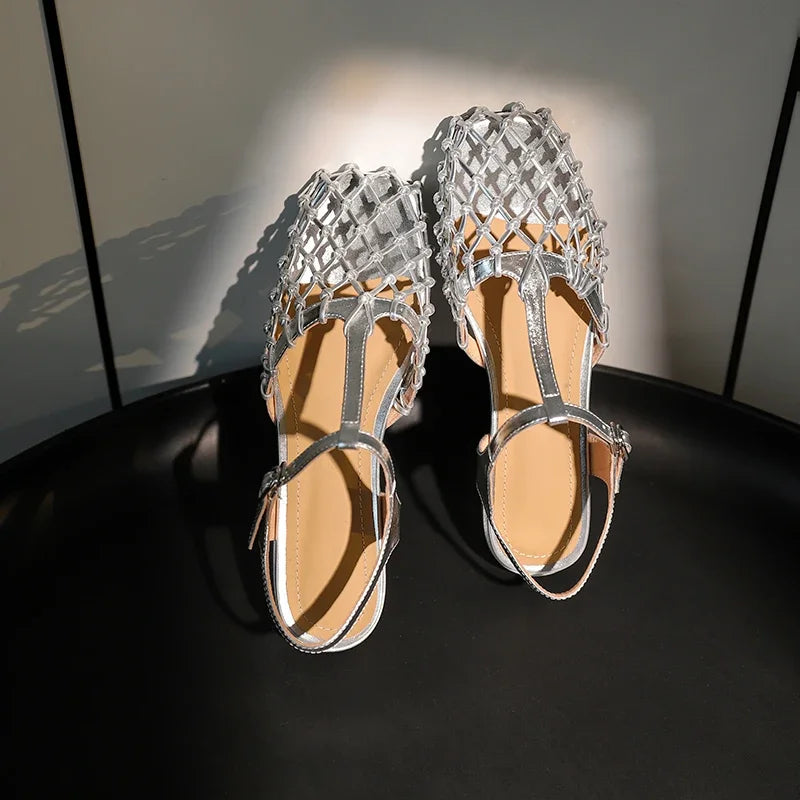 Women's Comfortable Summer Leather Hollow Bird's Nest Low Heel Sandals
