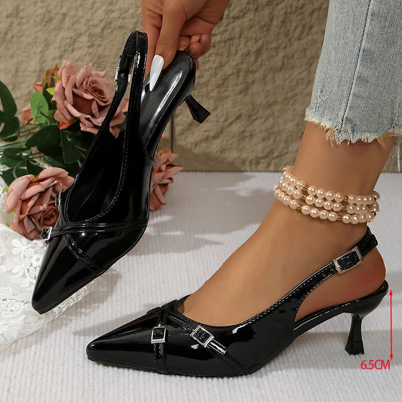 Leather Low Heel Sandals Women Pointed Toe Ankle Buckle Light Sandals