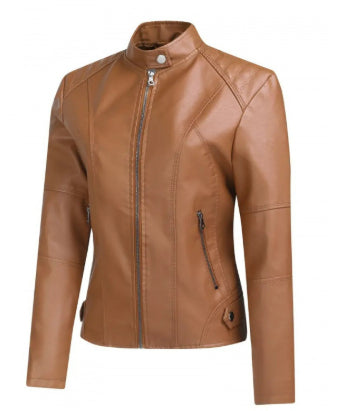 Women's Zip-Up Leather Jacket - Stand Collar with Pockets