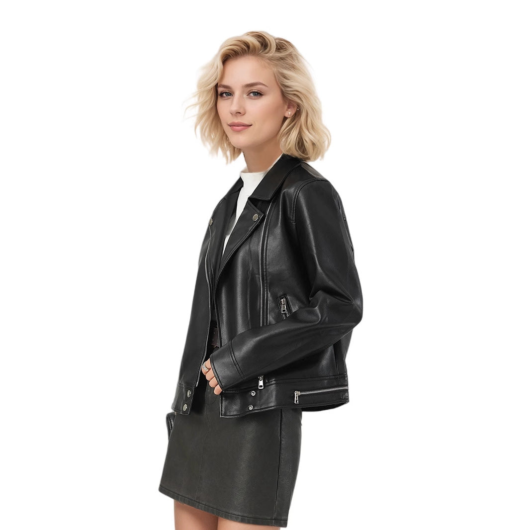 Veste courte en cuir pour femme avec col rabattu