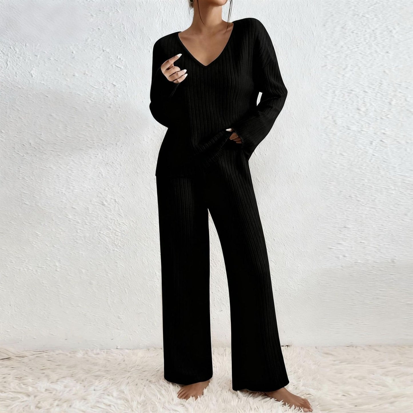 Women's V-Neck Knitted Striped Lounge Set - Long Sleeve