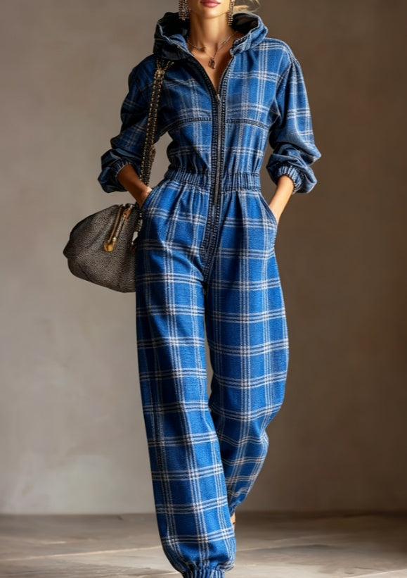Vintage Plaid Hooded Jumpsuit - Casual Loose Fit Long Sleeve