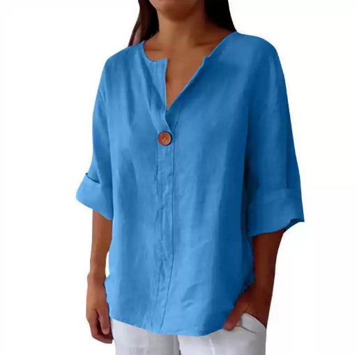 Women's V-Neck Long Sleeve Cotton Linen Button Top