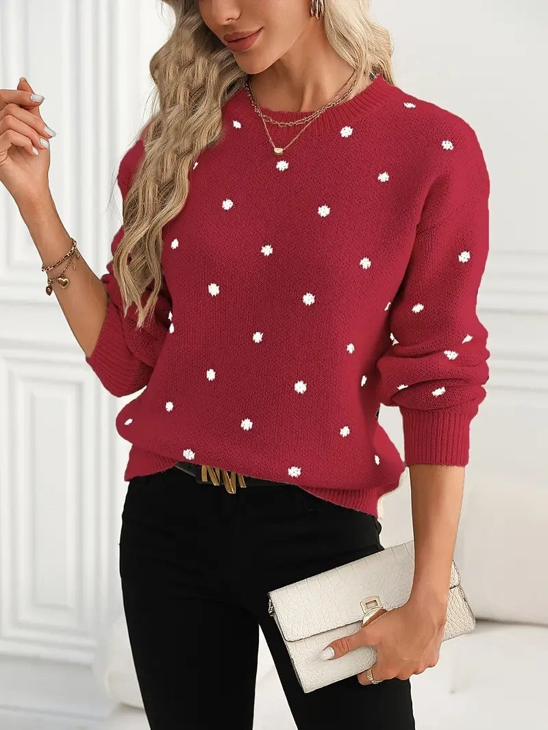 Women's Polka Dot Knitted Pullover Sweater - Long Sleeve Round Neck