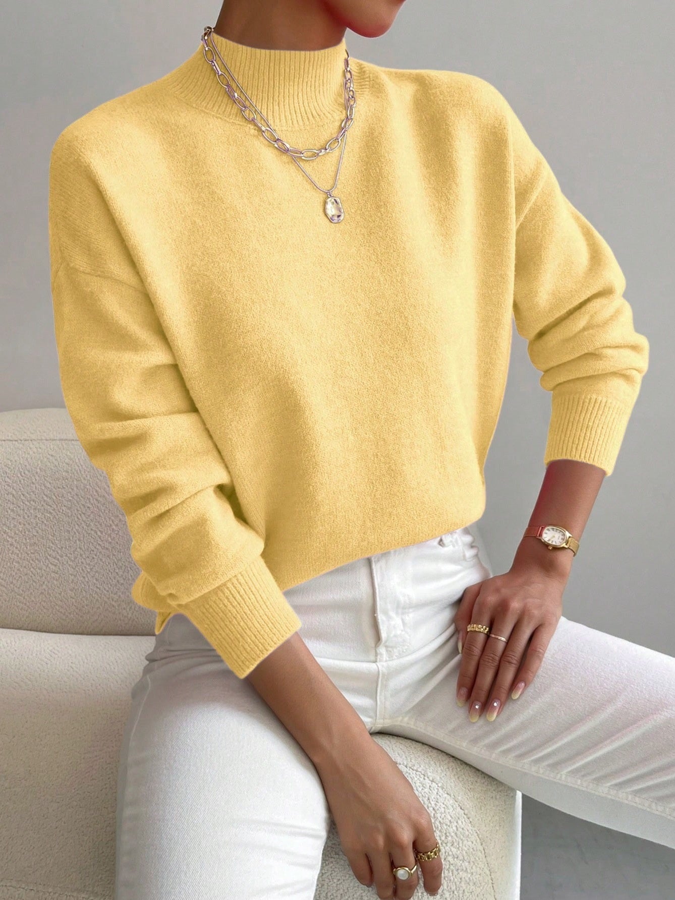 Women's Half-High Collar Knitted Pullover - Solid Color Loose Fit
