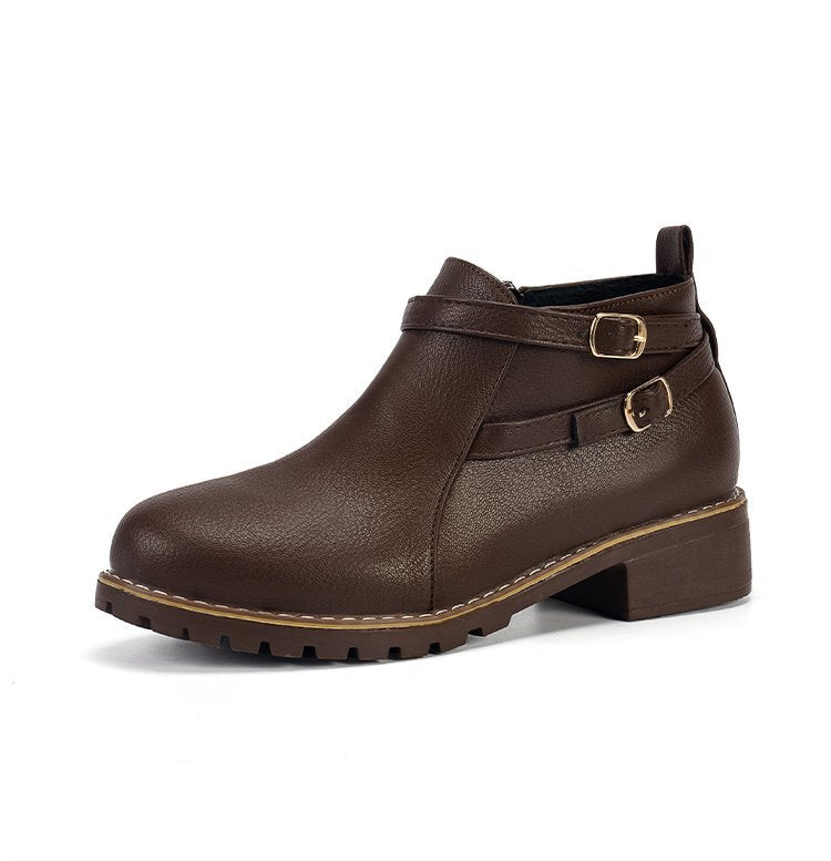 Low-heeled Leather Belt-buckle  Round-toe Ankle Boots