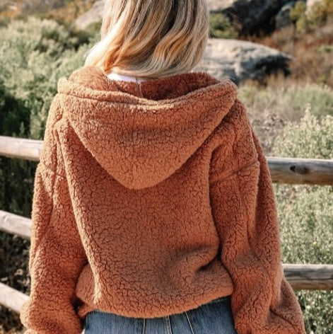 Veste Sherpa zippée à capuche en paille jaune