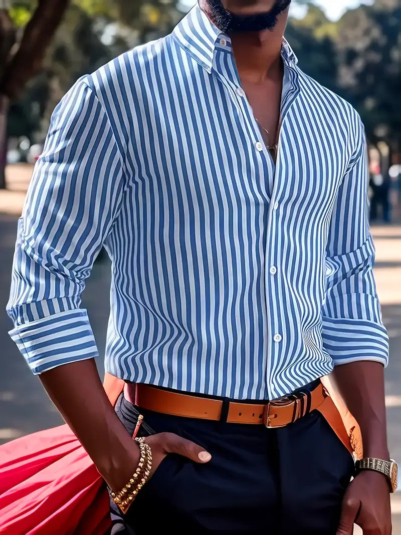 Men's Striped Long Sleeve Lapel Shirt