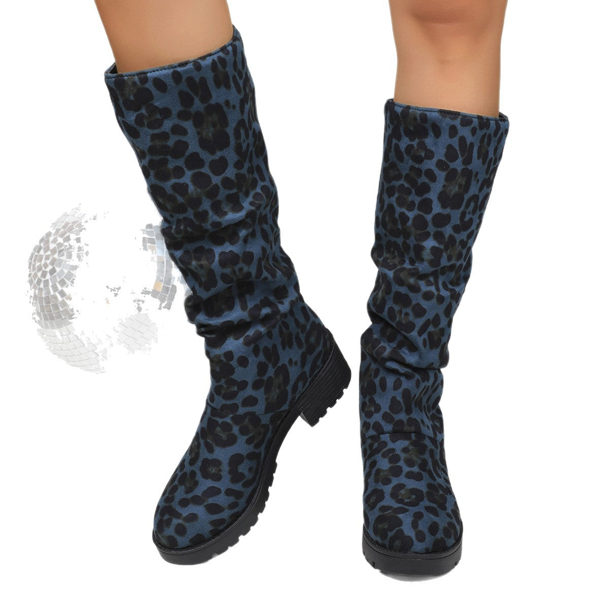 Bottines plissées polyvalentes en daim à talon carré imprimé léopard