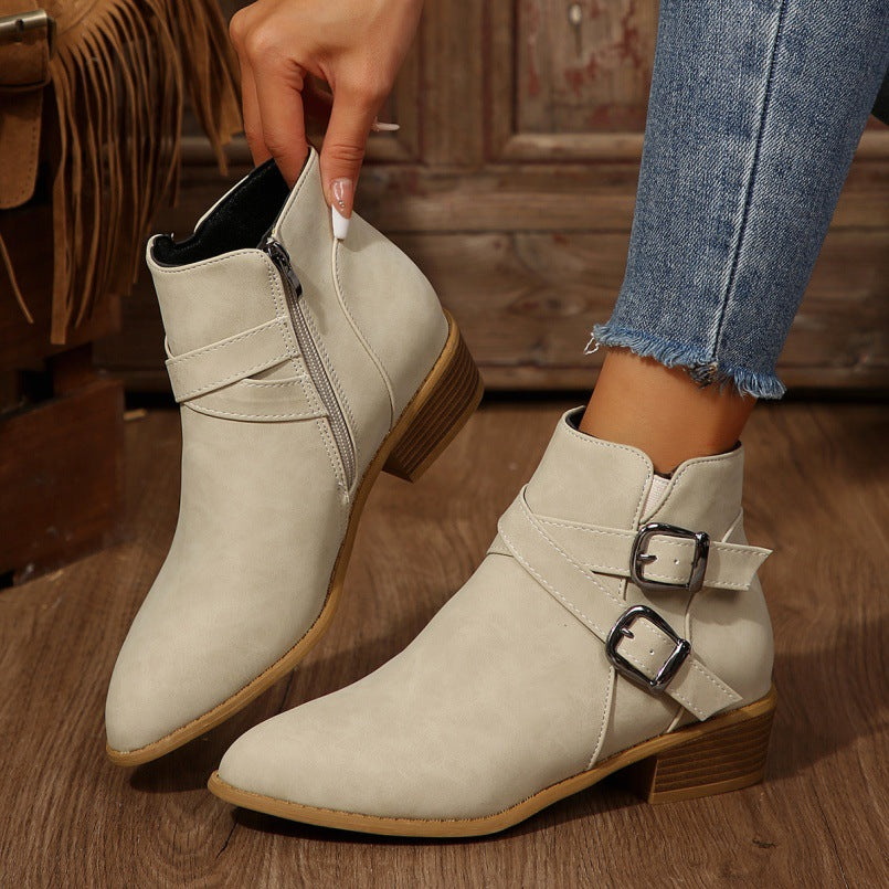 Women's Chunky-Heel Leather Belt-Clasp Side-Zip Ankle Boots