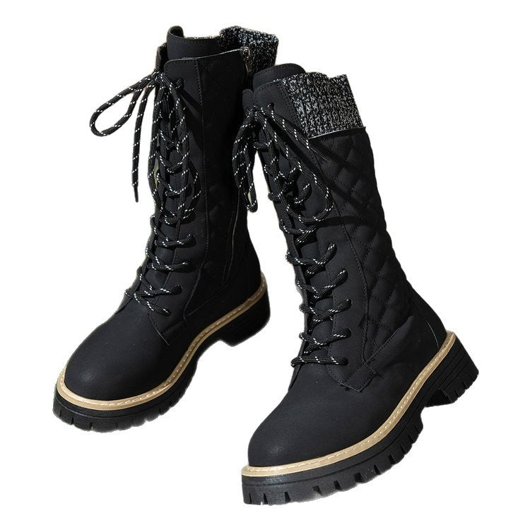 Women's Color-matched lace-up Thick-heeled Martin Boots