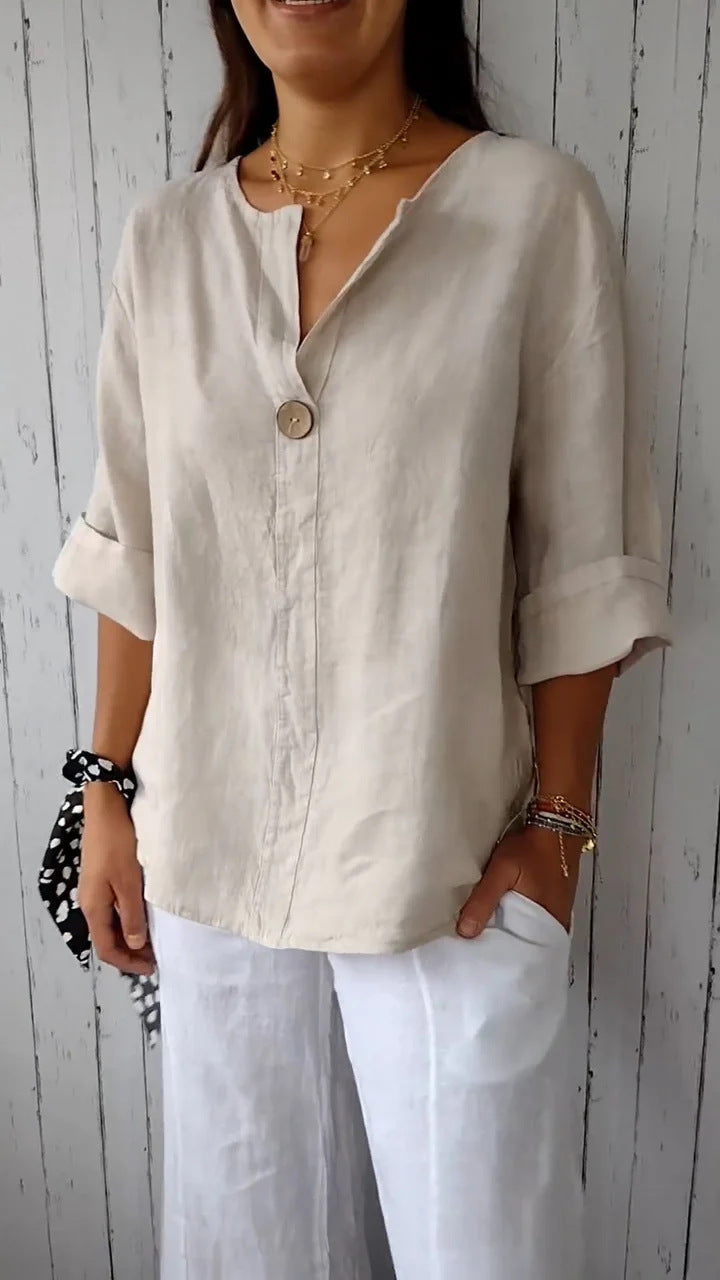 Women's V-Neck Long Sleeve Cotton Linen Button Top