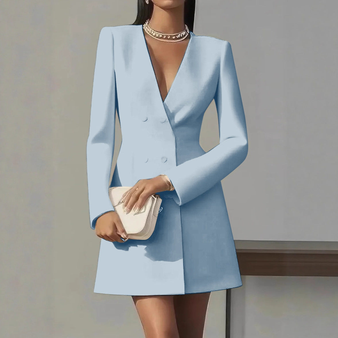 Robe française unie à col en V style tailleur pour femme