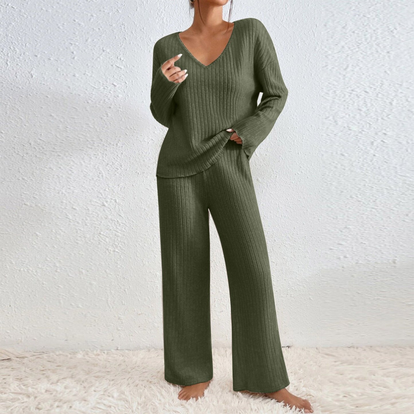 Women's V-Neck Knitted Striped Lounge Set - Long Sleeve