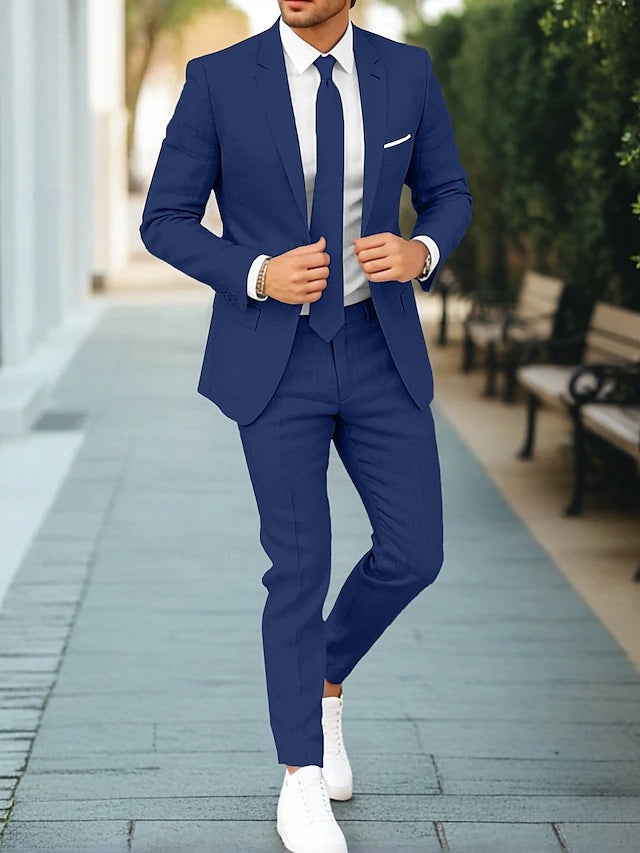 Men's Linen Single-Breasted Suit Jacket and Pants
