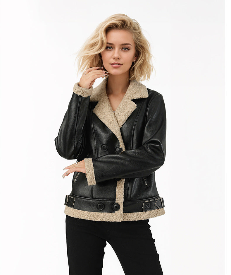 Fleece Padded Women's Leather Coat Black