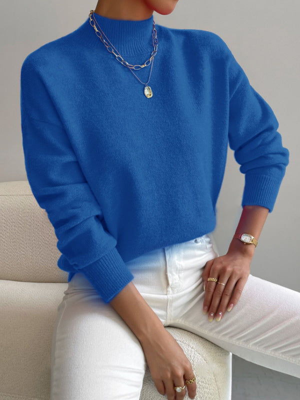Women's Half-High Collar Knitted Pullover - Solid Color Loose Fit