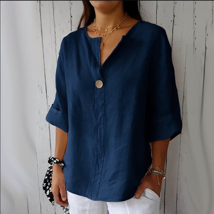 Women's V-Neck Long Sleeve Cotton Linen Button Top