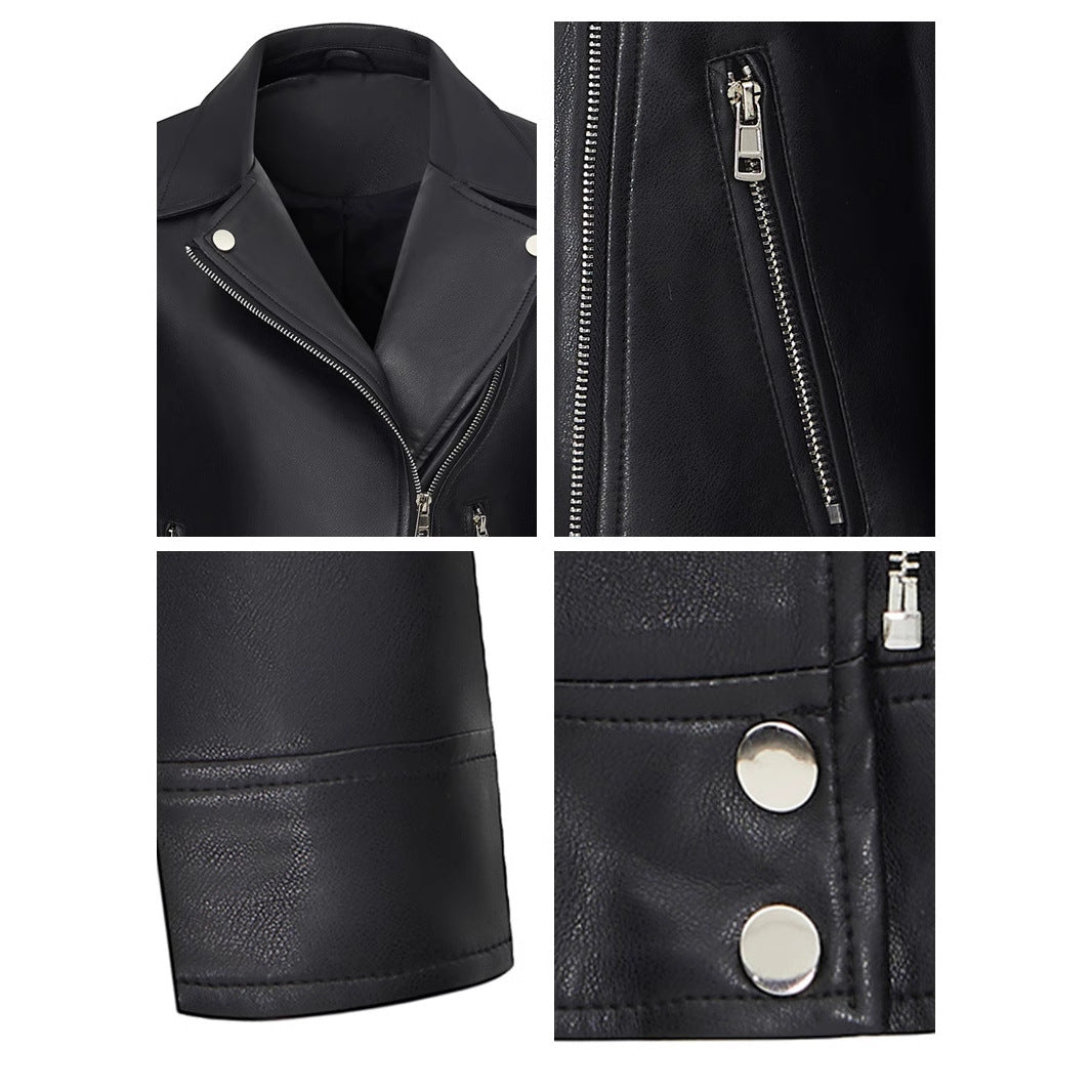 Veste courte en cuir pour femme avec col rabattu