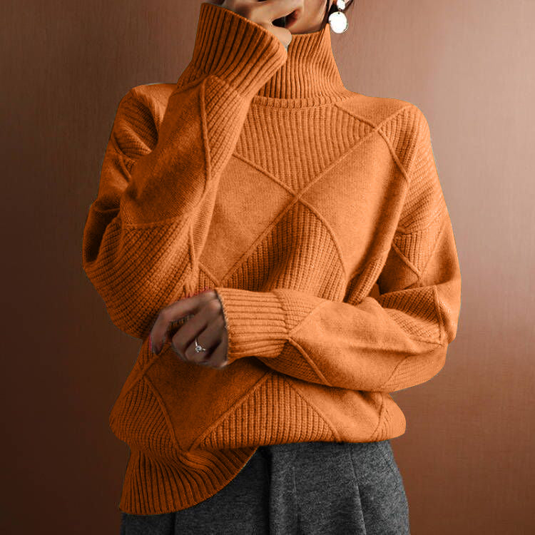 Pull chaud à col haut ample de couleur unie tricoté pour femme