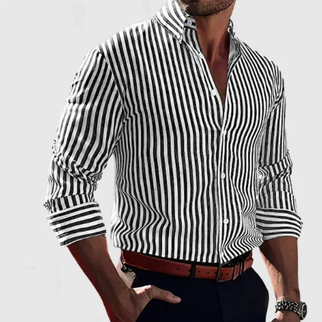 Men's Striped Long Sleeve Lapel Shirt