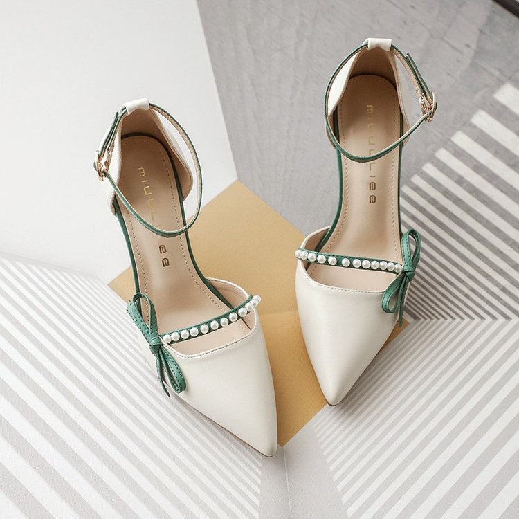 Women's White Pointed-Toe Stiletto Pumps - Elegant French Heel with Versatile Ankle Strap