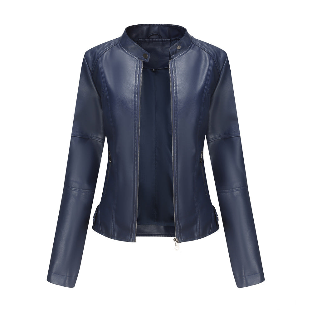 Blouson zippé en cuir pour femme - Col montant avec poches