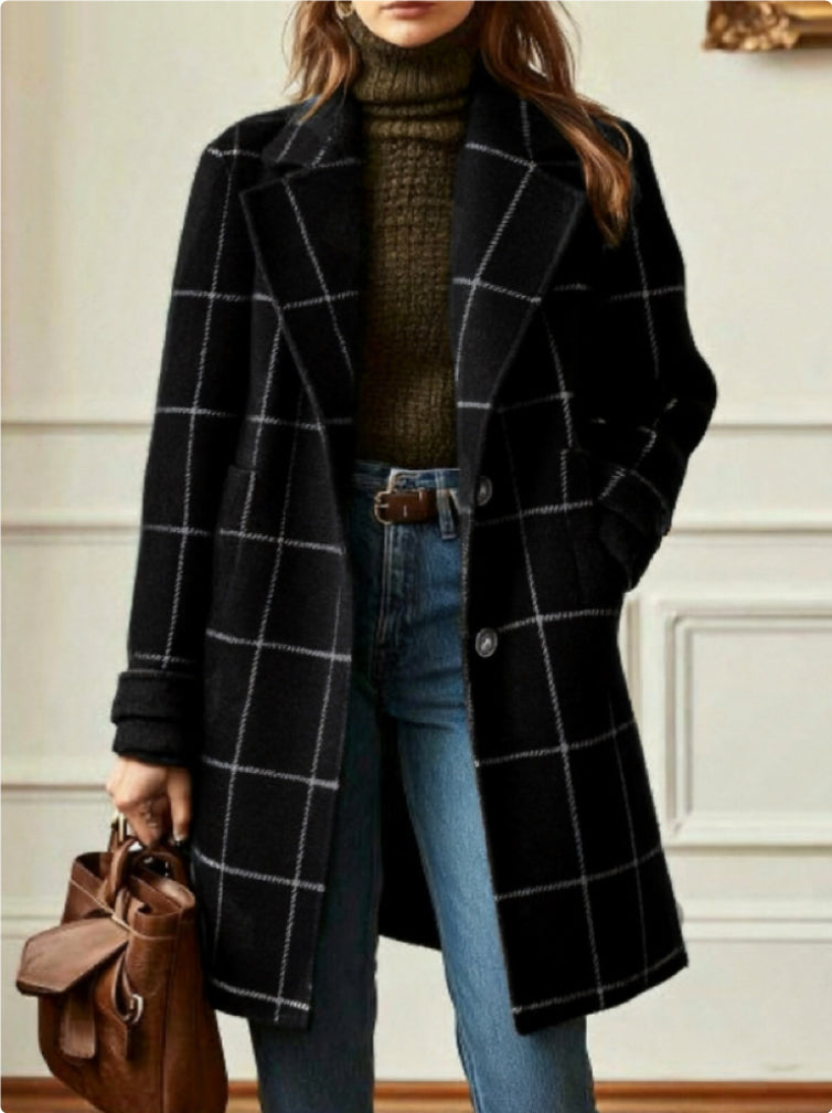 Women's Plaid Mid-Length Lapel Jacket - Plus Size