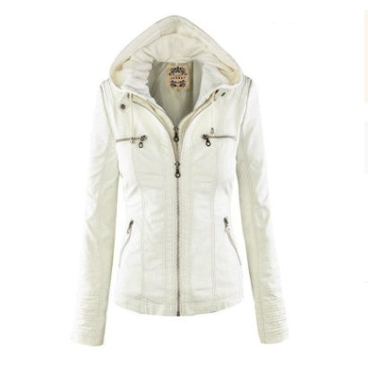 Women's Hooded Leather Jacket - Detachable Hood with Pockets