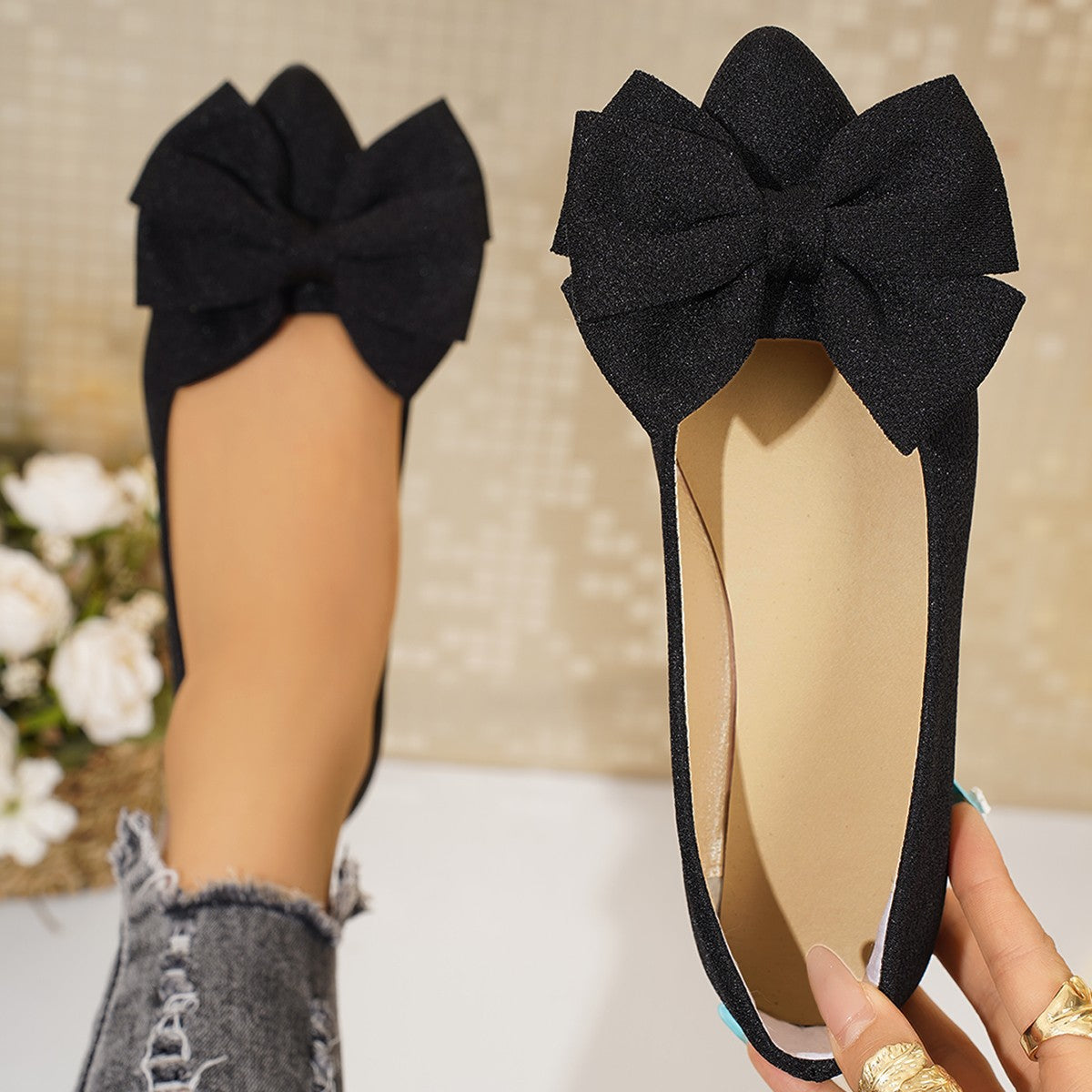 Women's Pointed Toe Slip-On Shoes with Bow Detail