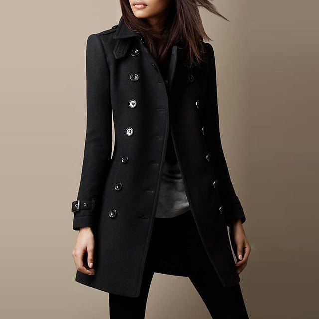 Women's Double-Breasted Wool Overcoat - Lined Lapel Coat with Pockets