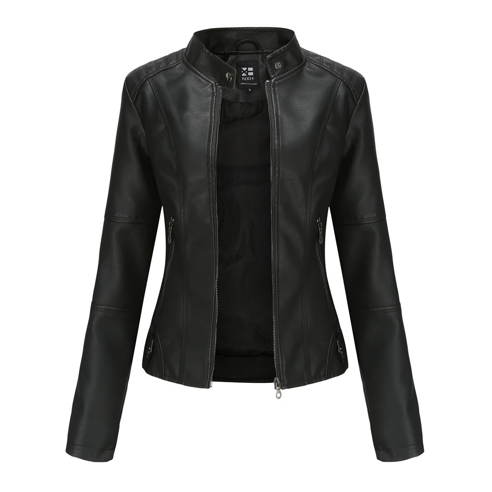 Blouson zippé en cuir pour femme - Col montant avec poches