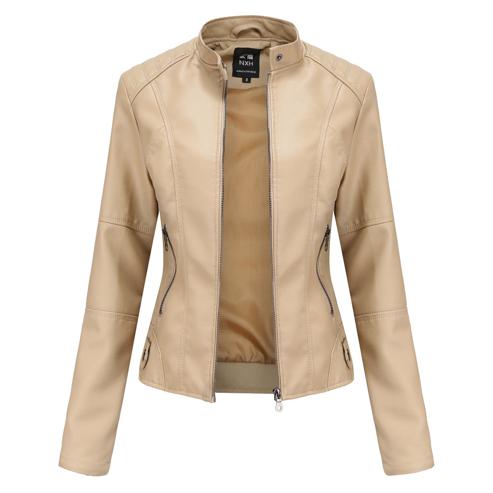 Blouson zippé en cuir pour femme - Col montant avec poches