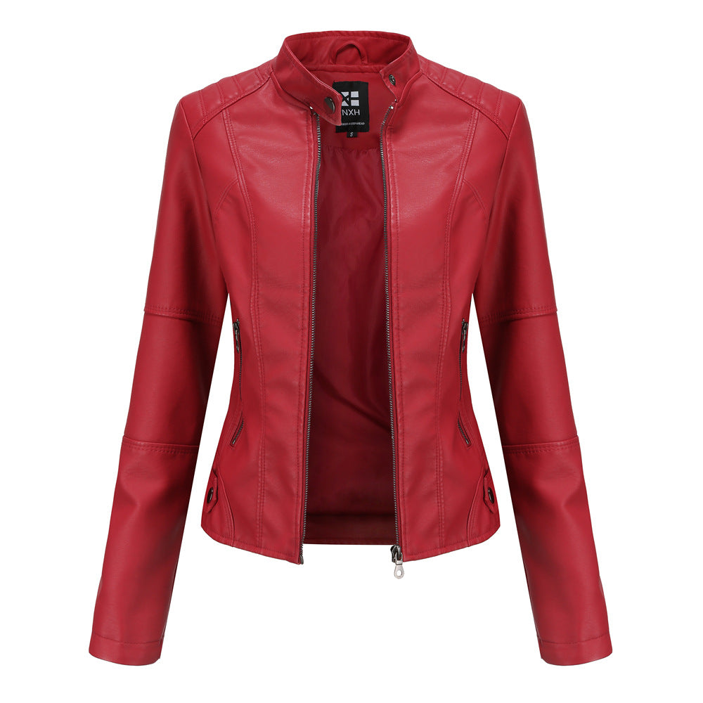 Blouson zippé en cuir pour femme - Col montant avec poches