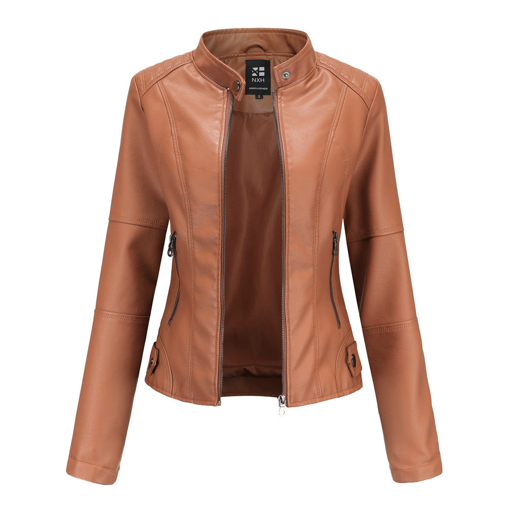 Blouson zippé en cuir pour femme - Col montant avec poches