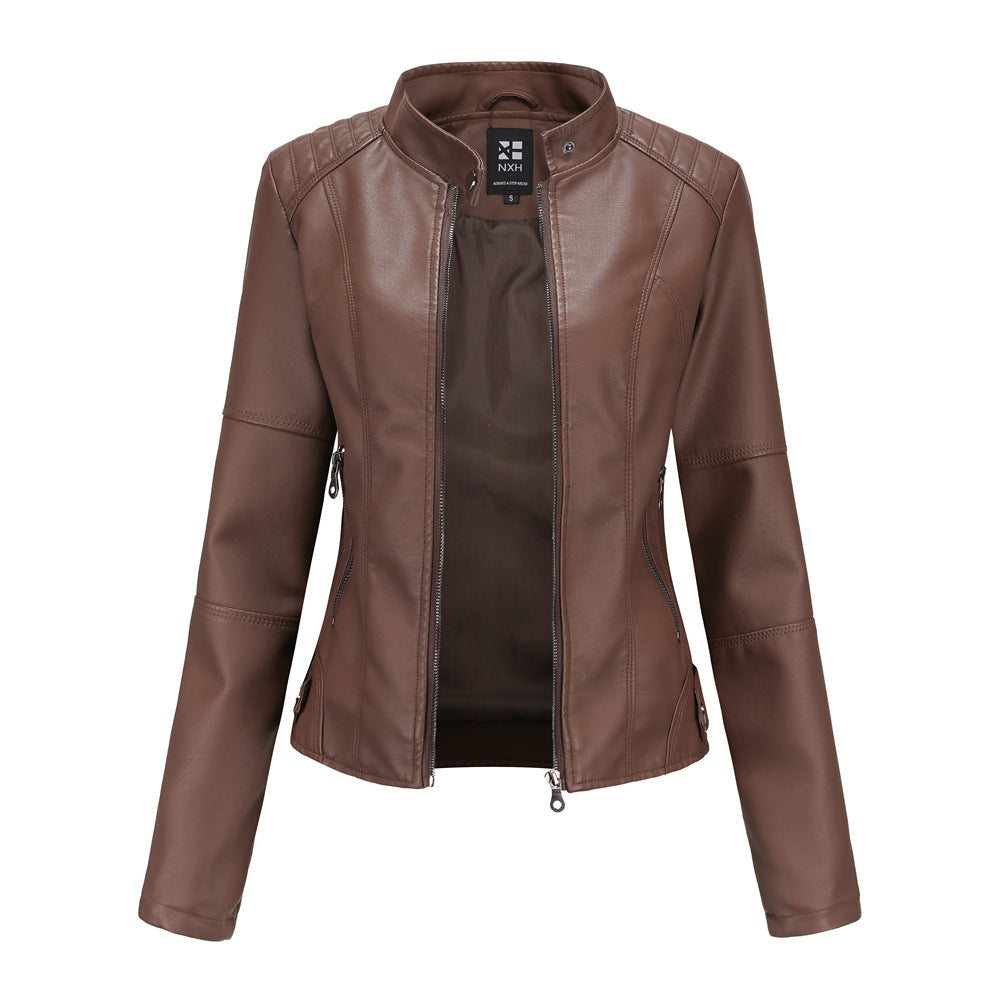 Blouson zippé en cuir pour femme - Col montant avec poches