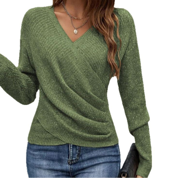 Women's V-Neck Cross Front Knitted Sweater - Long Sleeve
