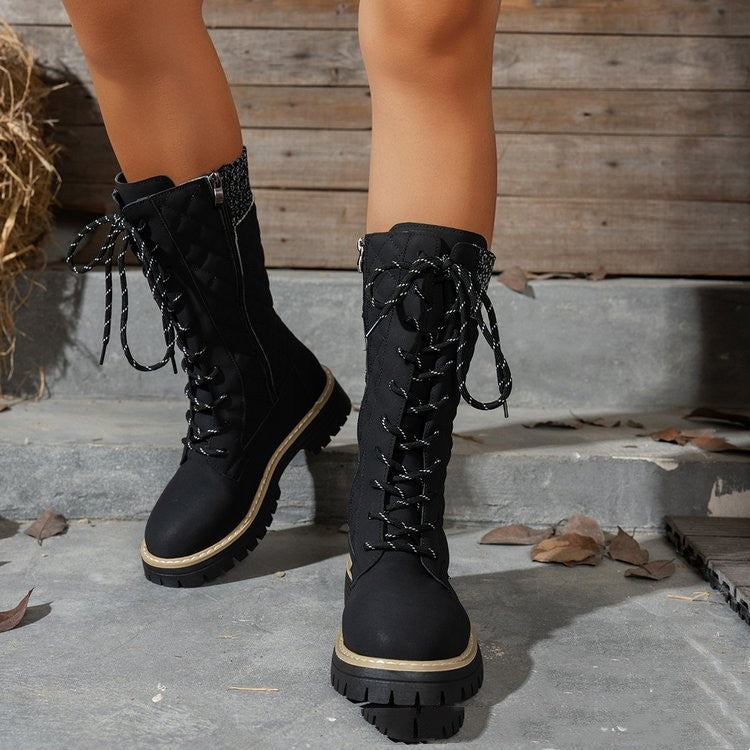 Women's Color-matched lace-up Thick-heeled Martin Boots
