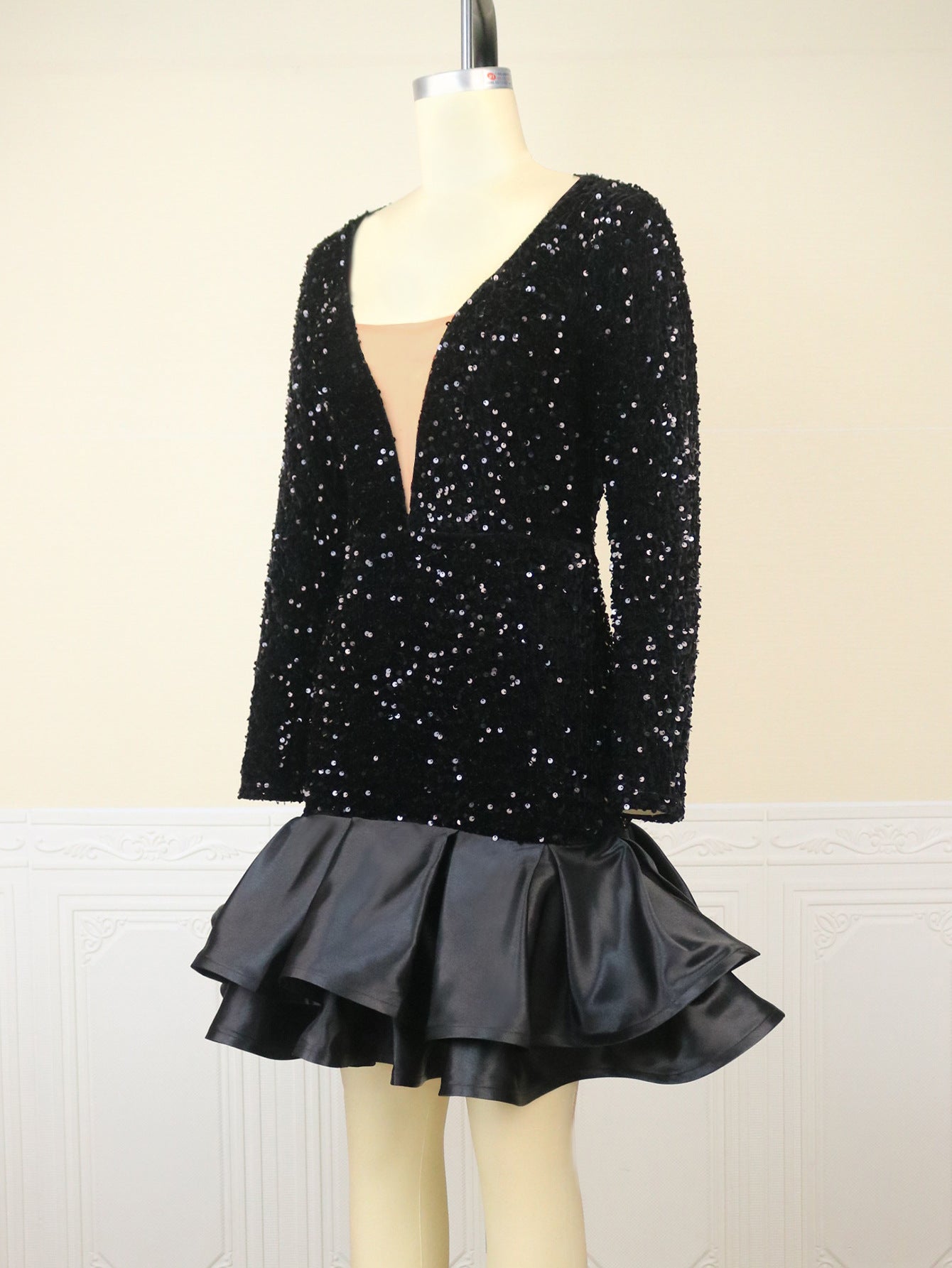 Sequin Deep V-Neck Mini Dress | Black