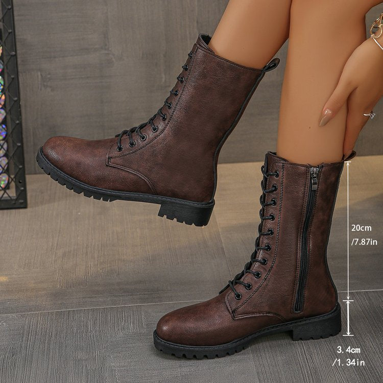 Bottes plates mi-mollet à lacets pour femmes