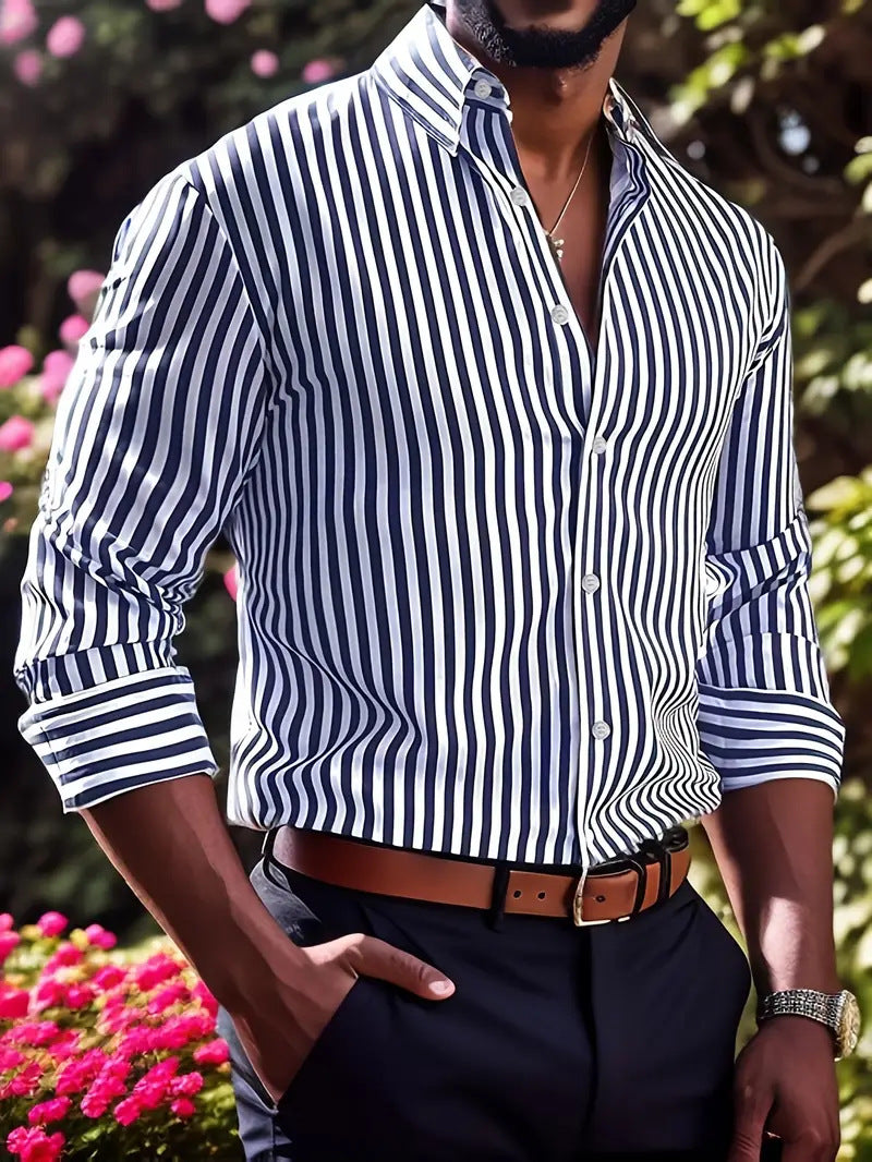 Men's Striped Long Sleeve Lapel Shirt